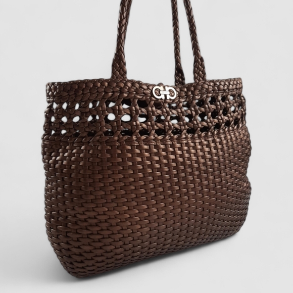 SALVATORE FERRAGAMO Gancini Bronze Woven Leather Top Handle Tote Shoulder Bag - Picture 3 of 10
